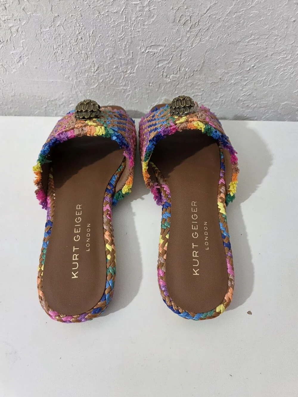 Kurt Geiger Multicolor Raffia Slide Sandals Slip-On Logo Rhinestone Women's Sz 6 - Picture 3 of 4